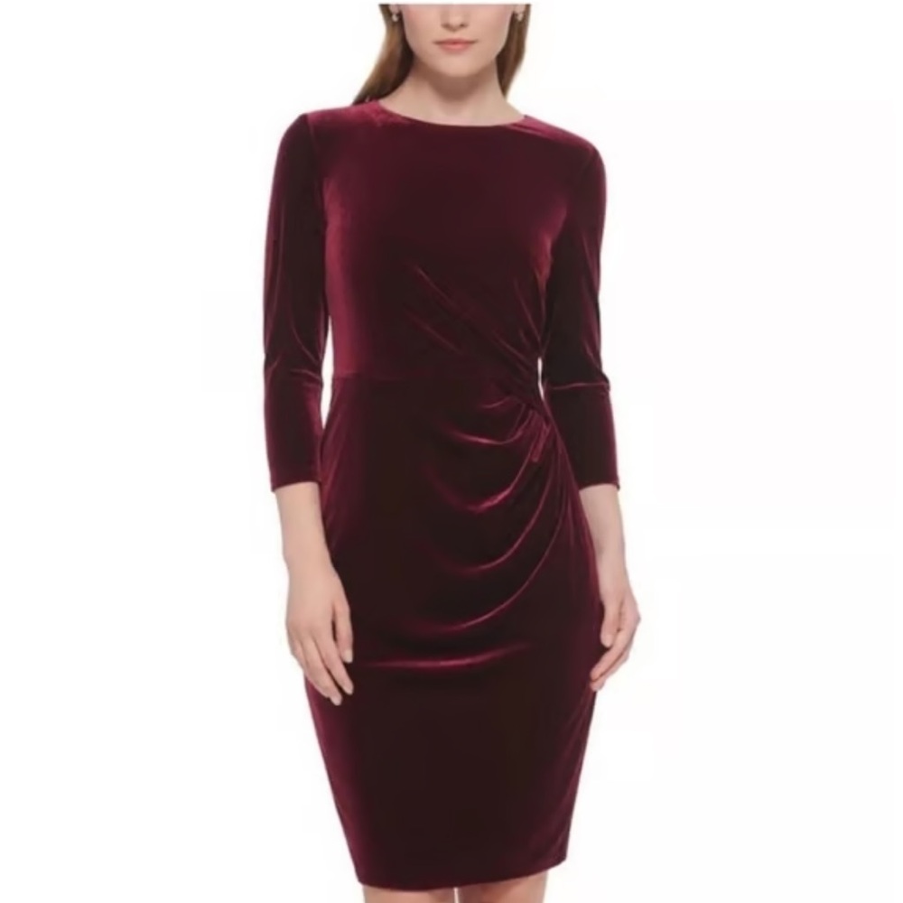 Eliza J | Women’s Deep Red/ Wine Velvet Midi  3/4 Long Sleeve Dress | 10